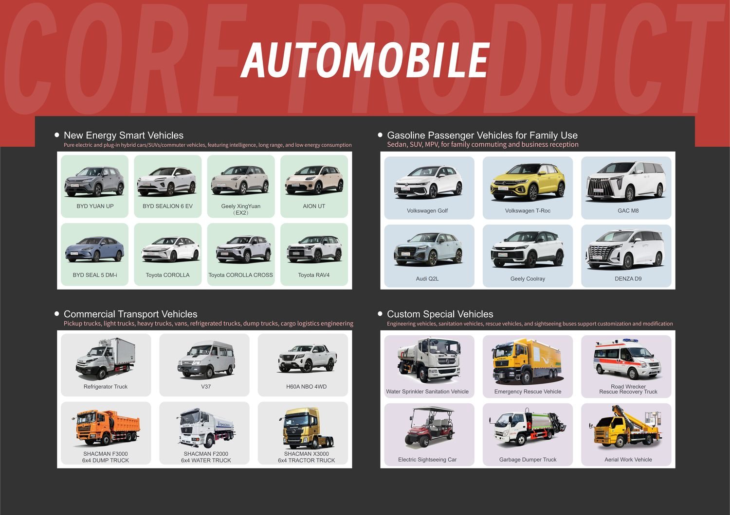 Jingsun Automotive vehicle categories: new energy smart cars, gasoline passenger vehicles, commercial transport vehicles and custom special vehicles